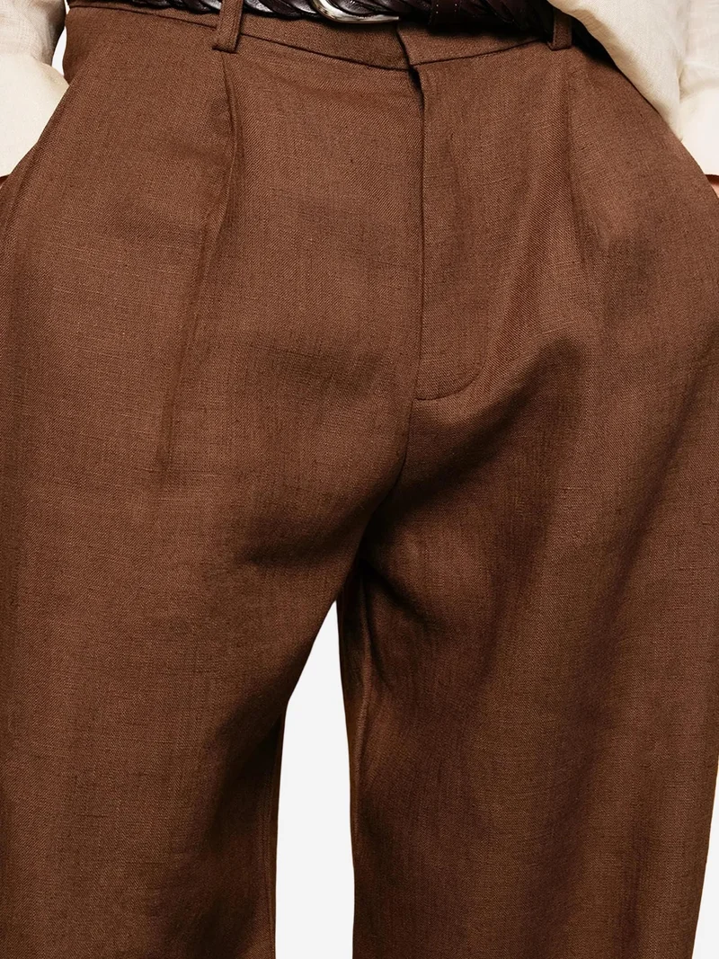 Giesto Beaver Brown GIESTO Pleated Linen Straight Leg Pants for Men | Best Price UAE